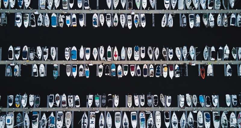 Rows of boats aerial view 3